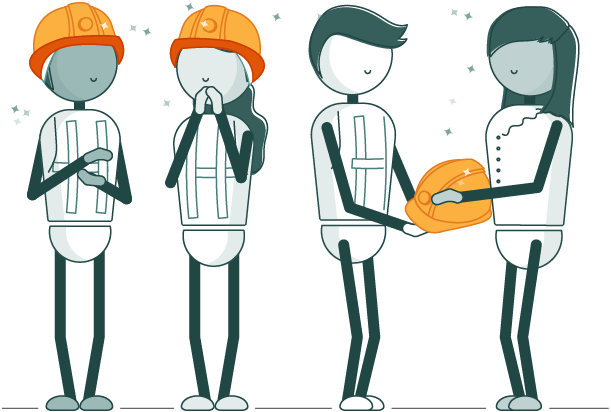 A group of people in hard hats standing next to each other engaged in internal communications.